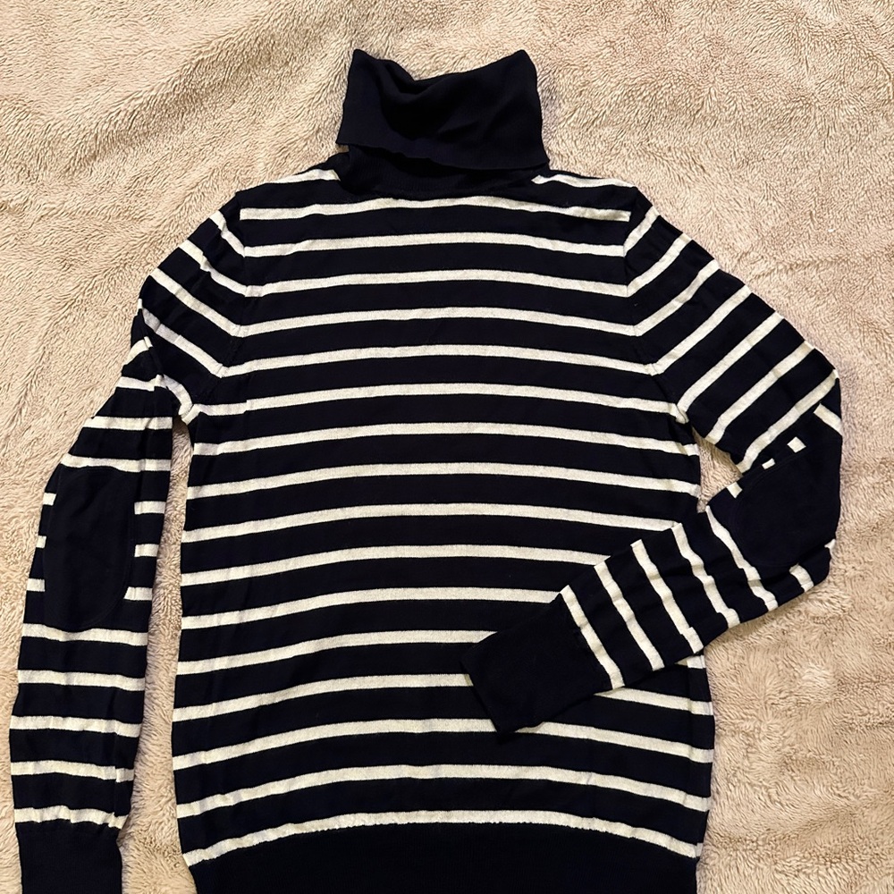J. Crew navy blue and White Striped Turtleneck merino wool Sweater